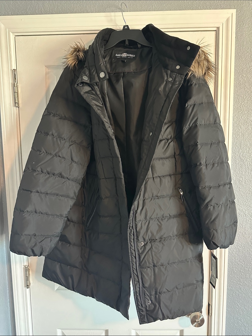 Fleet Street Black Quilted Hooded Puffer Coat with Faux-Fur Trim